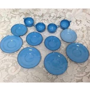Vintage 12-pc French Blue Enamelware, Child’s Dinner-Tea Set for 4